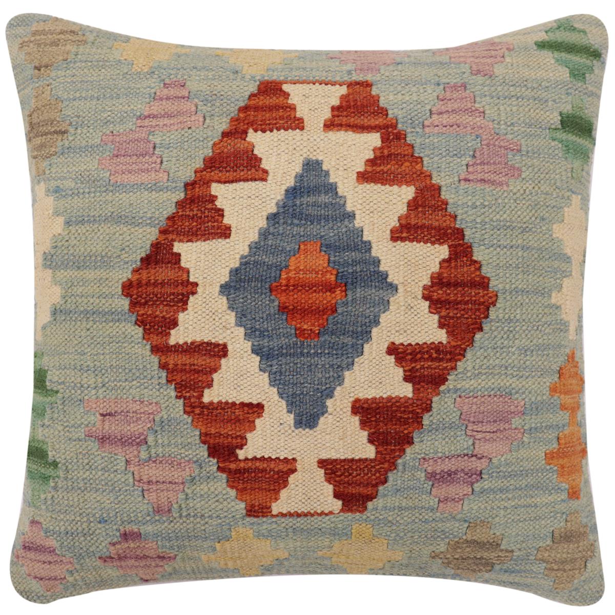 handmade Traditional Pillow Blue Rust Hand-Woven SQUARE 100% WOOL Hand woven turkish pillow 2 x 2