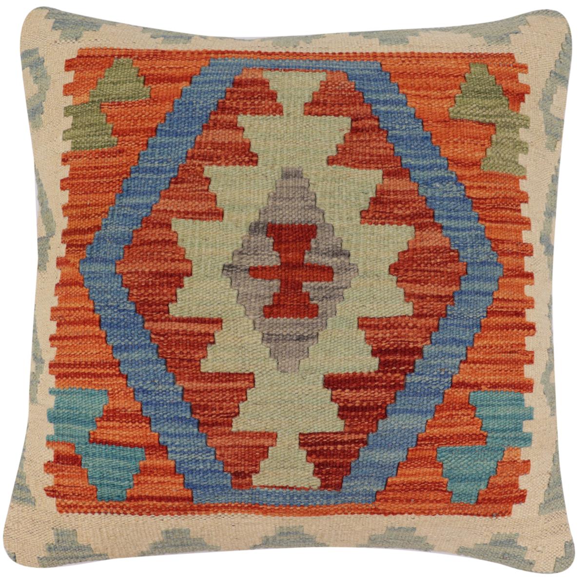 handmade Traditional Pillow Rust Blue Hand-Woven SQUARE 100% WOOL Hand woven turkish pillow2' x 2'