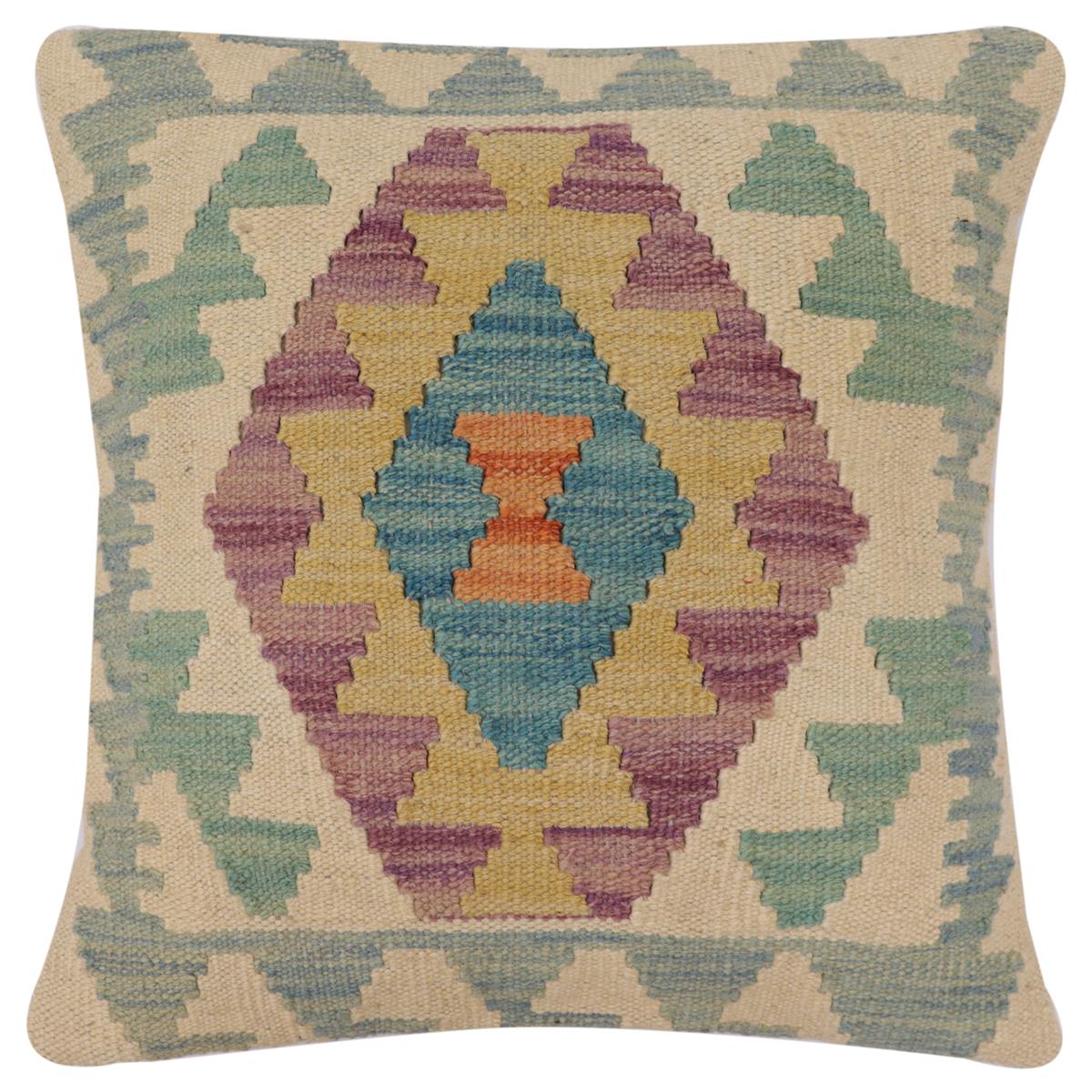 handmade Traditional Pillow Beige Blue Hand-Woven SQUARE 100% WOOL Hand woven turkish pillow 2 x 2