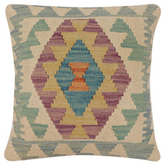 handmade Traditional Pillow Beige Blue Hand-Woven SQUARE 100% WOOL Hand woven turkish pillow 2 x 2