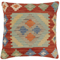 handmade Traditional Pillow Rust Blue Hand-Woven SQUARE 100% WOOL Hand woven turkish pillow2' x 2'
