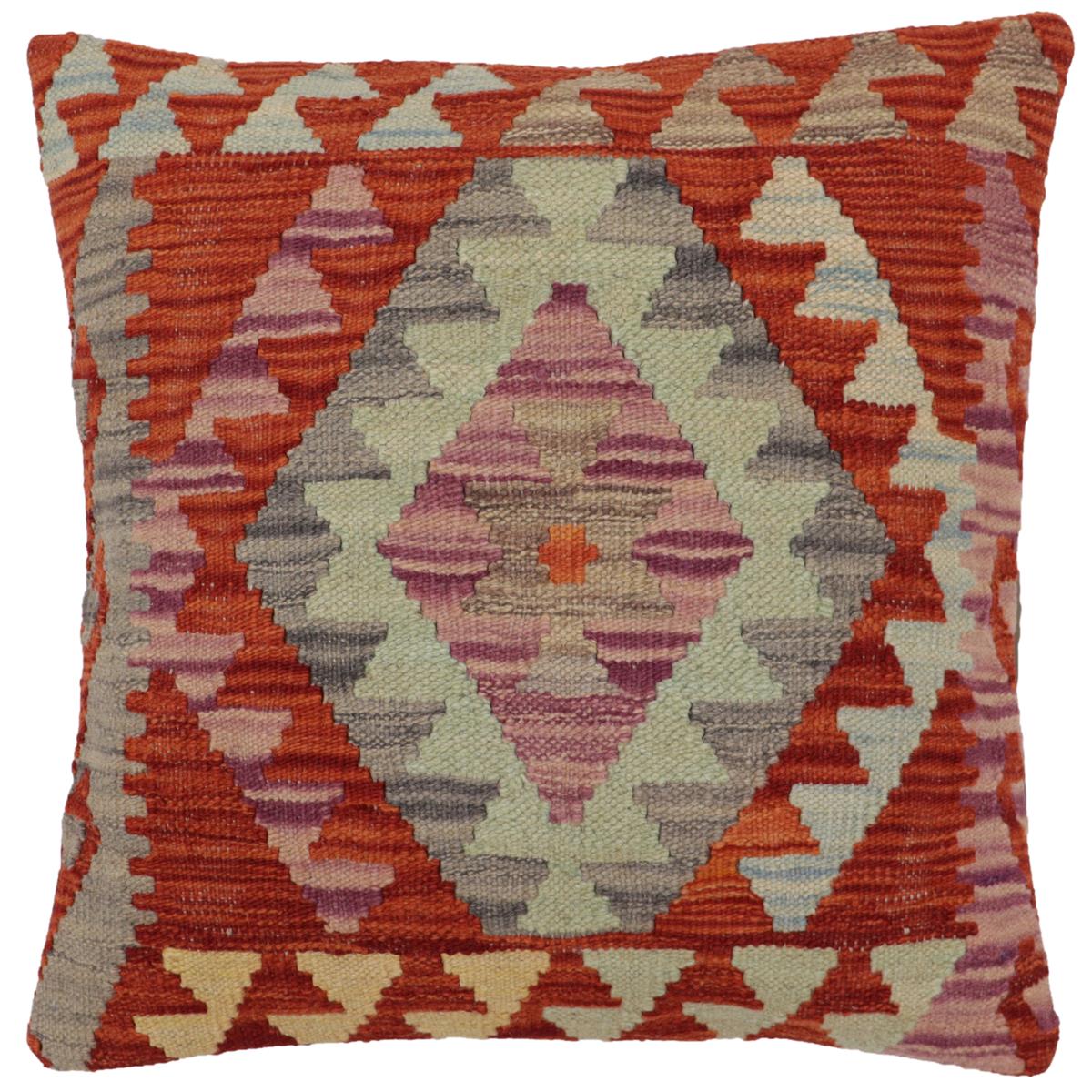 handmade Traditional Pillow Rust Blue Hand-Woven SQUARE 100% WOOL Hand woven turkish pillow2' x 2'