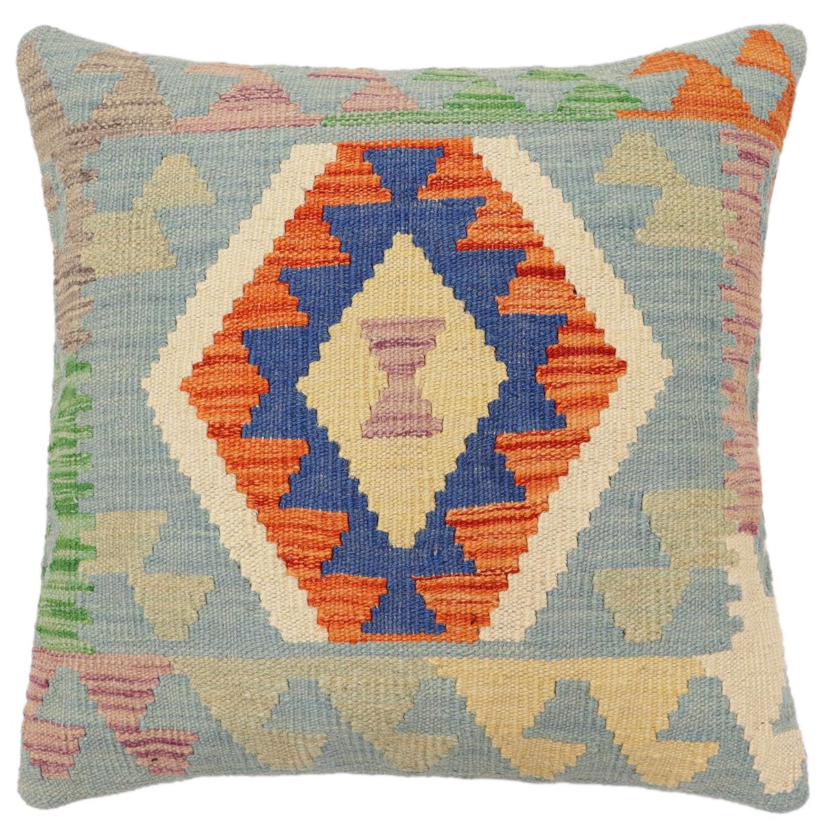 handmade Traditional Pillow Blue Rust Hand-Woven SQUARE 100% WOOL Hand woven turkish pillow PILLOW