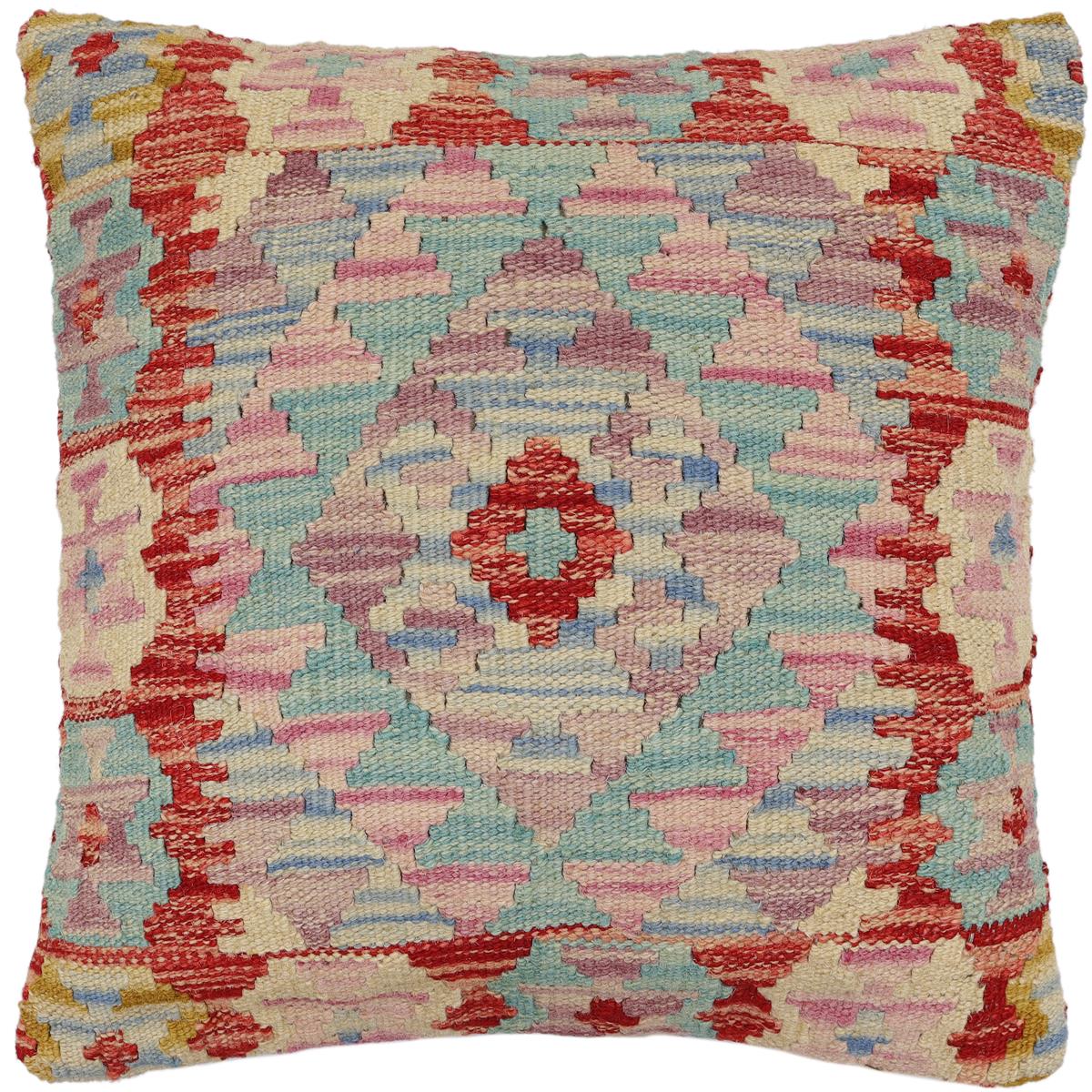 handmade Traditional Pillow Blue Red Hand-Woven SQUARE 100% WOOL Hand woven turkish pillow2' x 2'