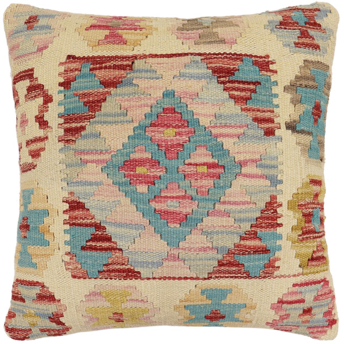 handmade Traditional Pillow Beige Blue Hand-Woven SQUARE 100% WOOL Hand woven turkish pillow2' x 2'