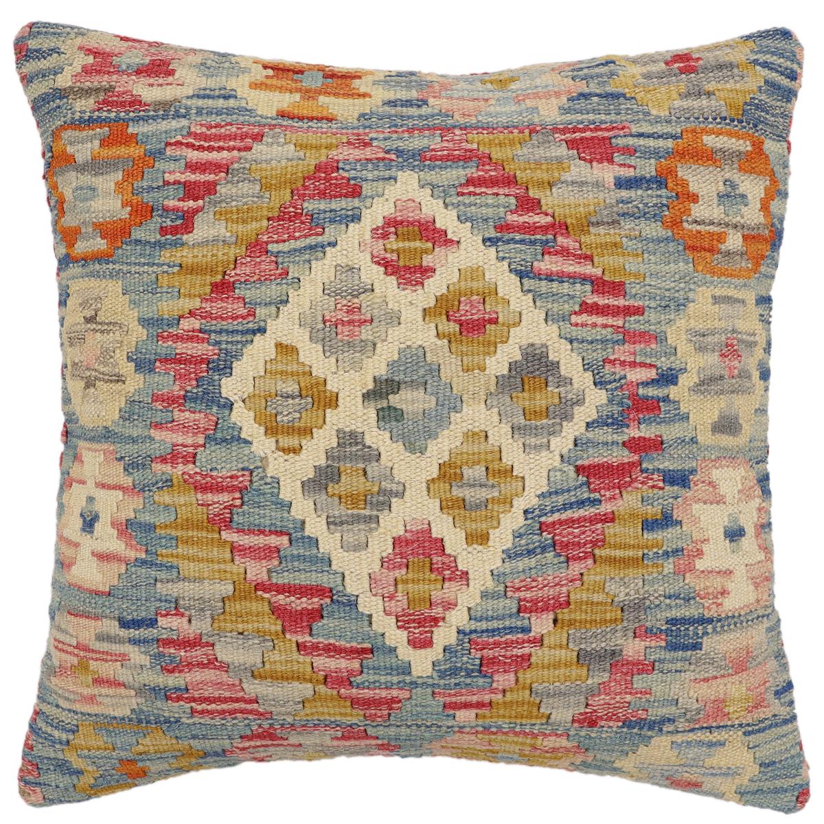 handmade Traditional Pillow Blue Beige Hand-Woven SQUARE 100% WOOL Hand woven turkish pillow2' x 2'