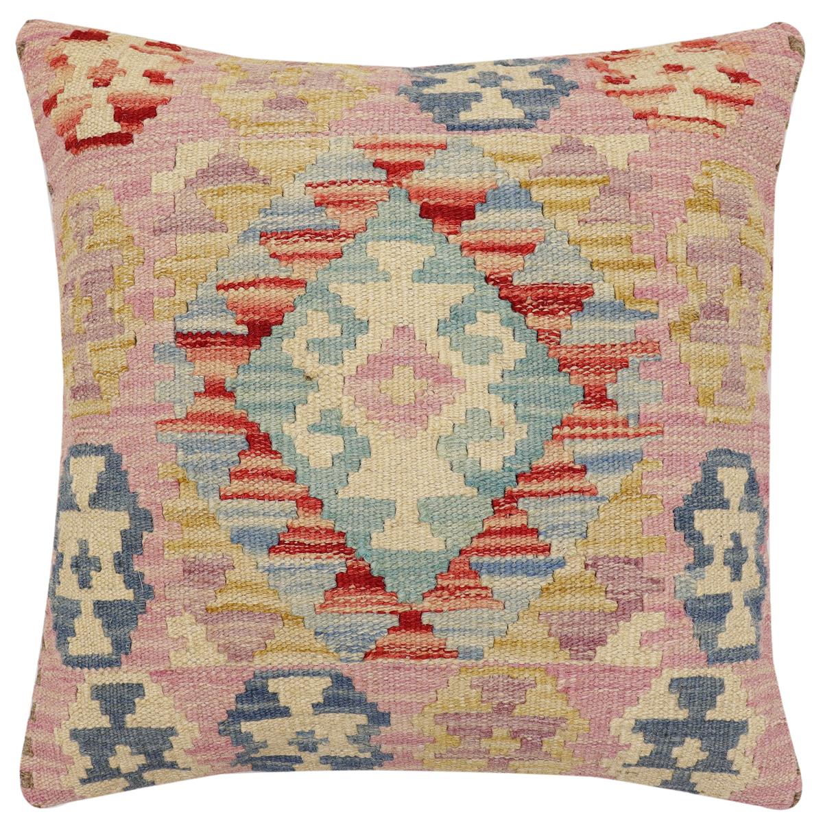 handmade Traditional Pillow Blue Beige Hand-Woven SQUARE 100% WOOL Hand woven turkish pillow2' x 2'