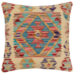 handmade Traditional Pillow Beige Blue Hand-Woven SQUARE 100% WOOL Hand woven turkish pillow2' x 2'