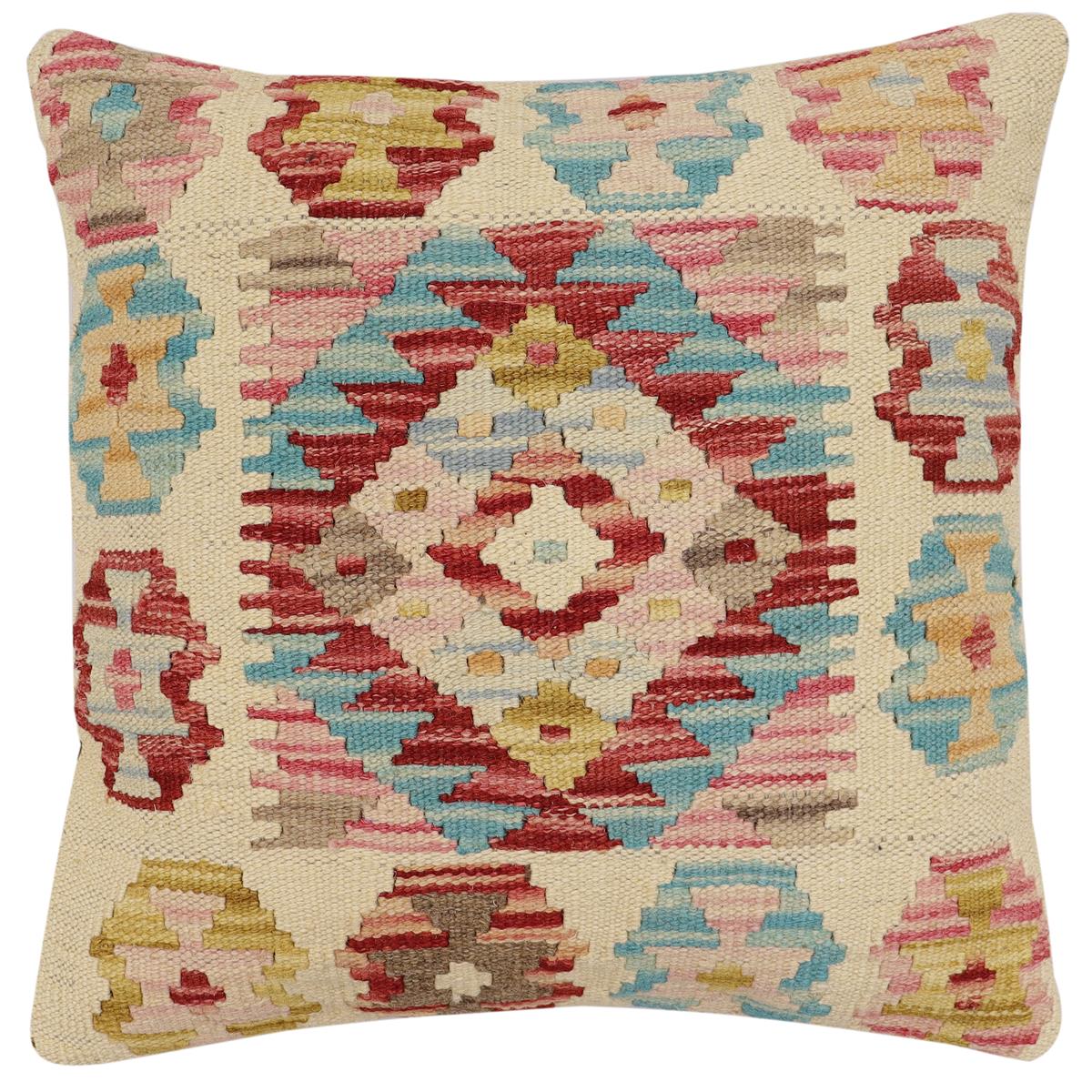 handmade Traditional Pillow Beige Red Hand-Woven SQUARE 100% WOOL Hand woven turkish pillow2' x 2'