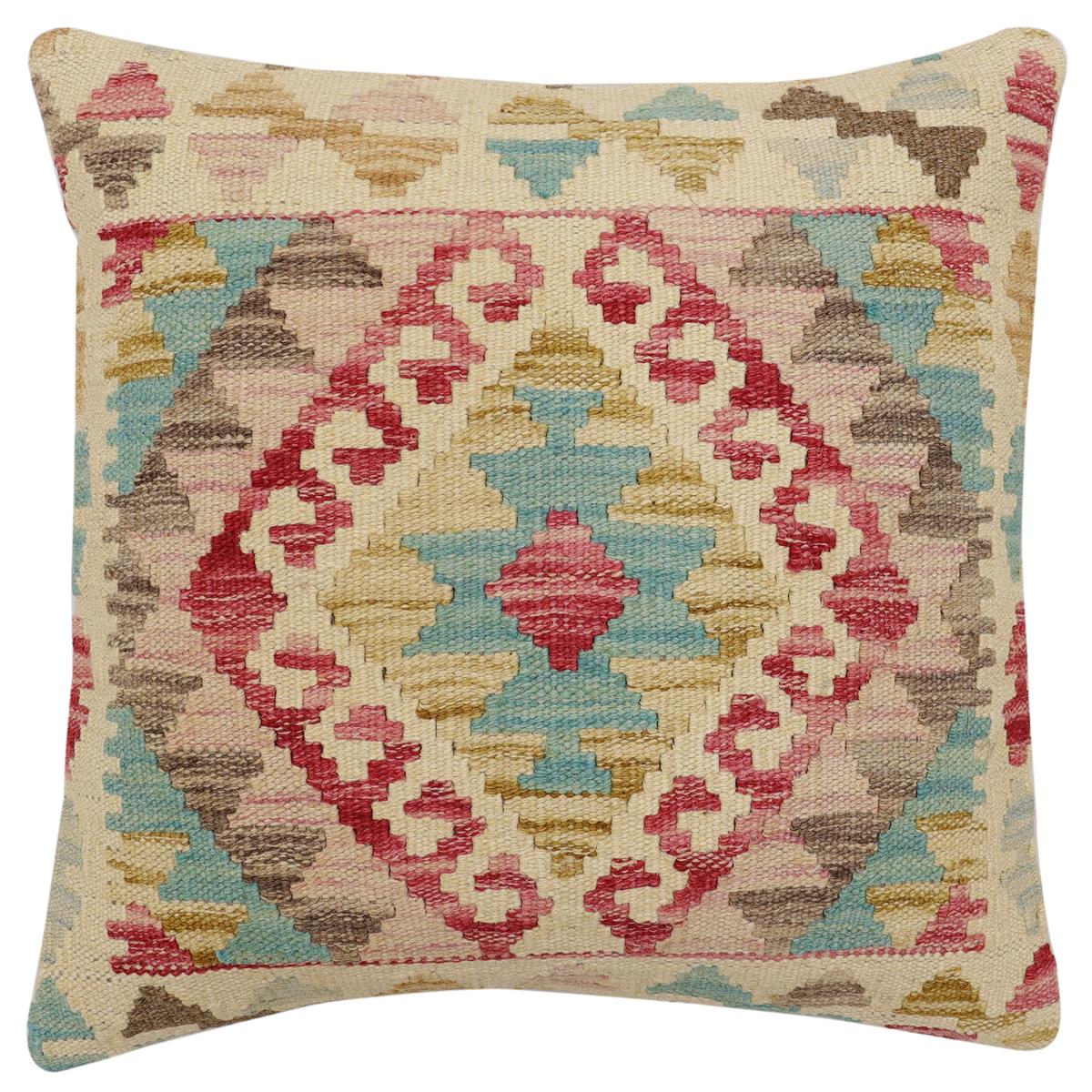 handmade Traditional Pillow Beige Blue Hand-Woven SQUARE 100% WOOL Hand woven turkish pillow 2 x 2