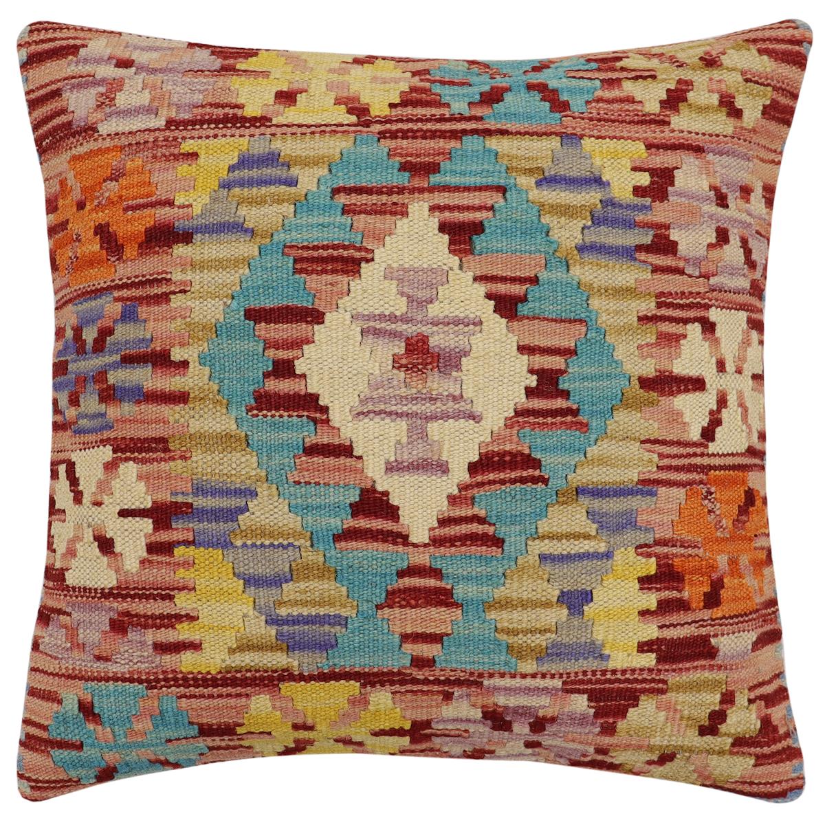 handmade Traditional Pillow Rust Blue Hand-Woven SQUARE 100% WOOL Hand woven turkish pillow2' x 2'
