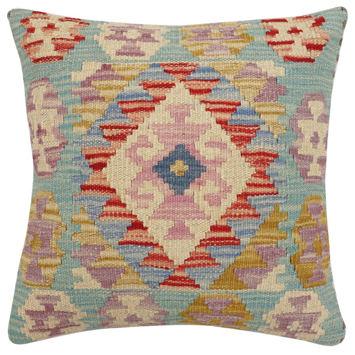 handmade Traditional Pillow Blue Beige Hand-Woven SQUARE 100% WOOL Hand woven turkish pillow2' x 2'