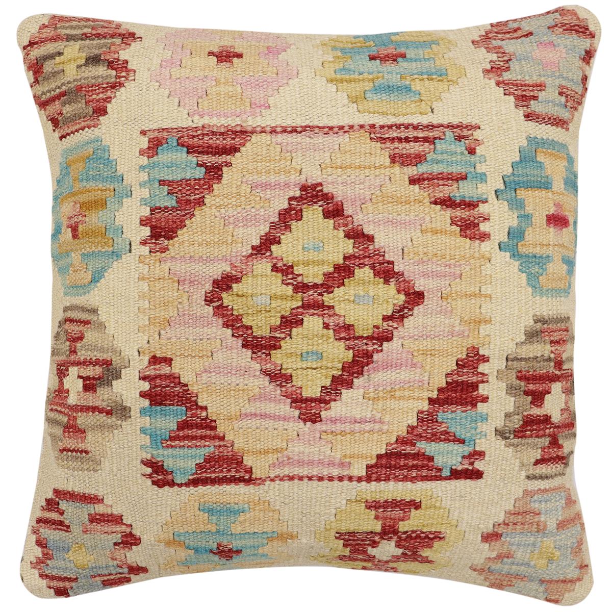 handmade Traditional Pillow Beige Red Hand-Woven SQUARE 100% WOOL Hand woven turkish pillow2' x 2'