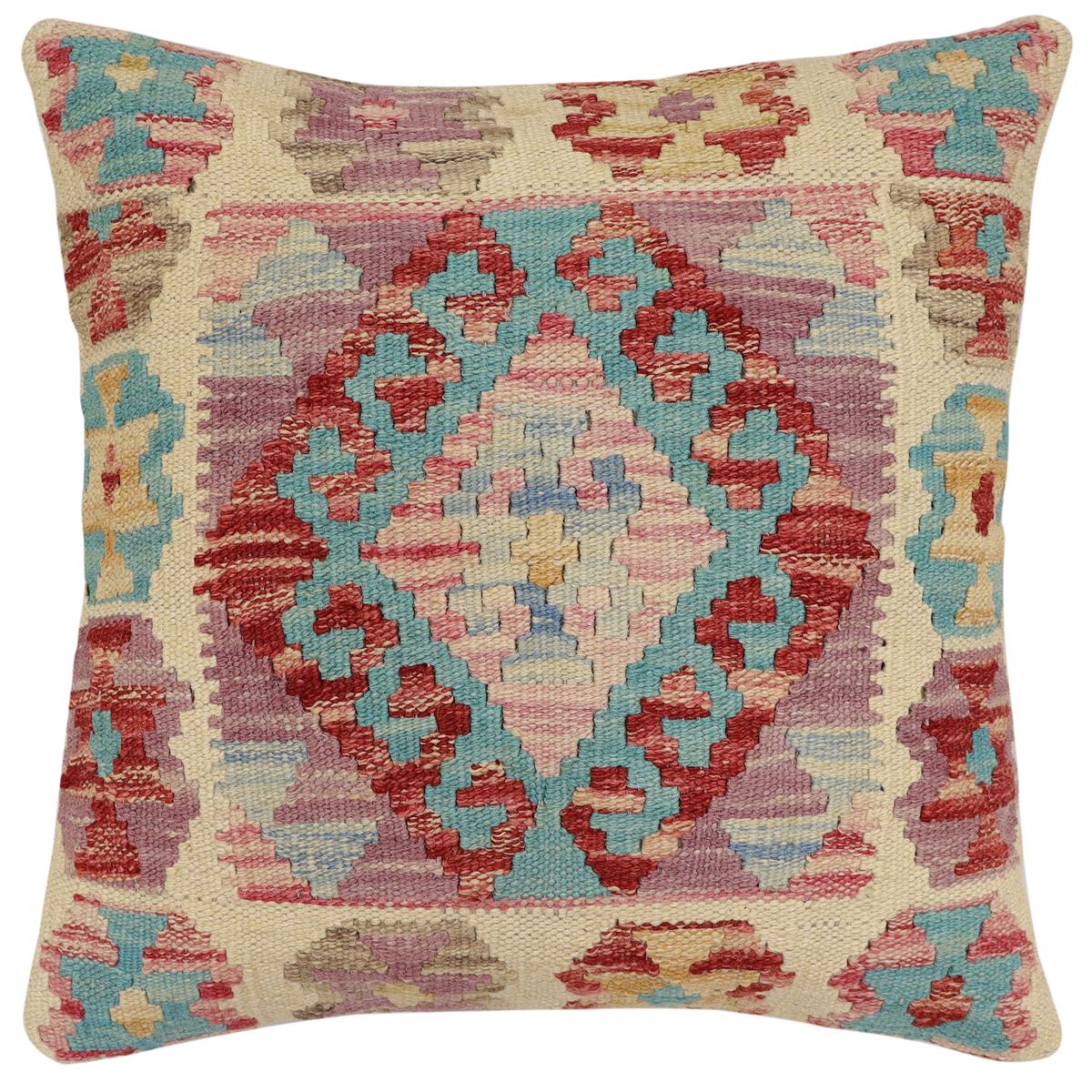 handmade Traditional Pillow Beige Blue Hand-Woven SQUARE 100% WOOL Hand woven turkish pillow2' x 2'
