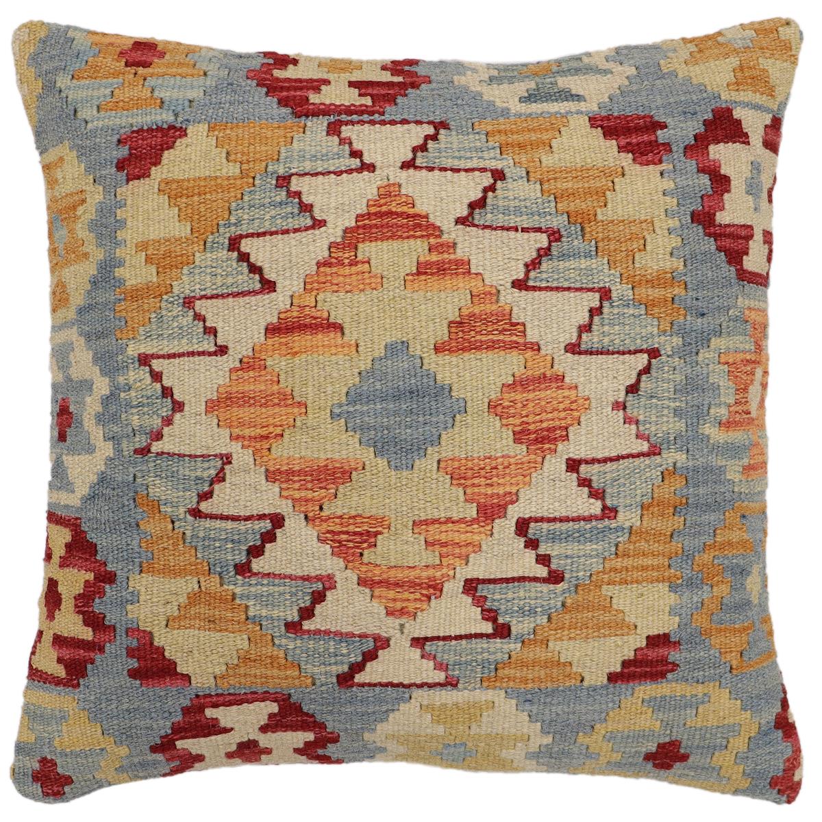 handmade Traditional Pillow Blue Beige Hand-Woven SQUARE 100% WOOL Hand woven turkish pillow2' x 2'