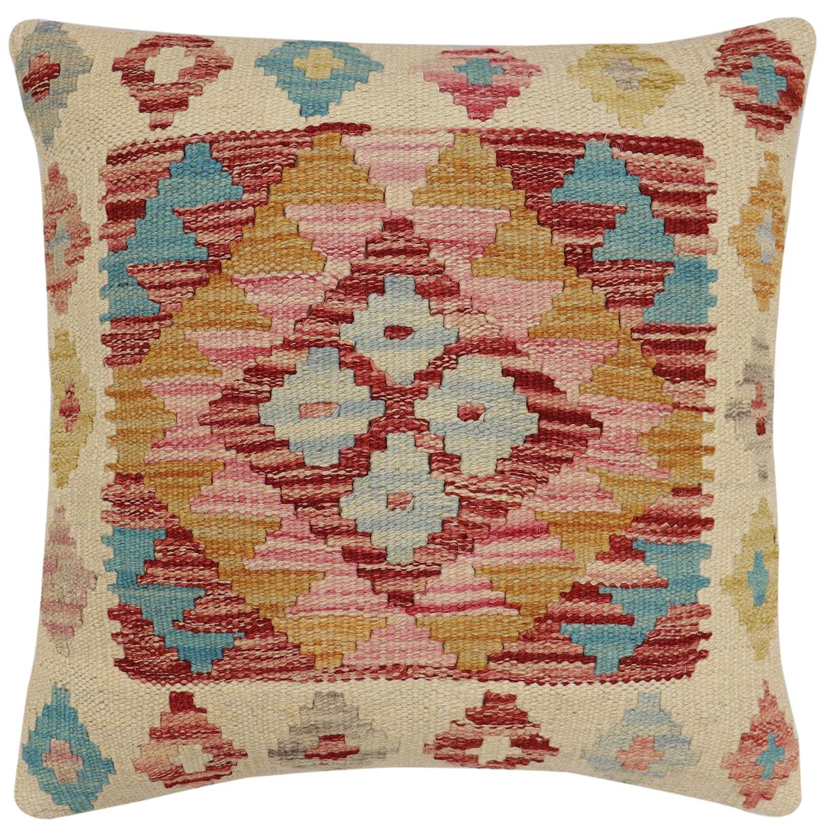 handmade Traditional Pillow Beige Red Hand-Woven SQUARE 100% WOOL Hand woven turkish pillow 2 x 2