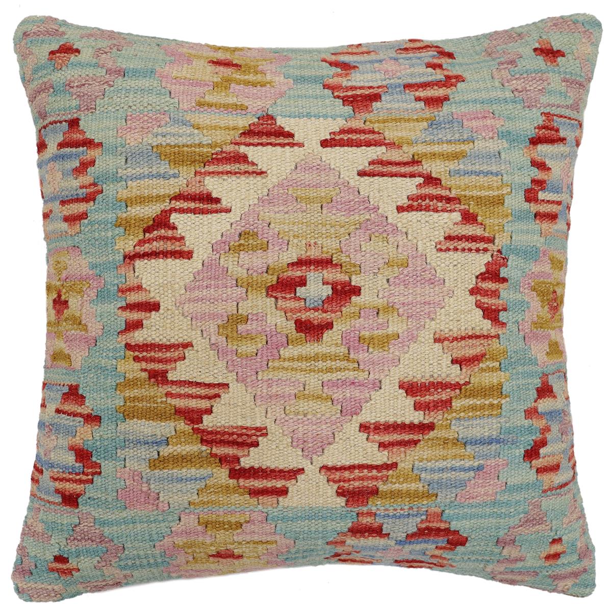 handmade Traditional Pillow Blue Red Hand-Woven SQUARE 100% WOOL Hand woven turkish pillow2' x 2'