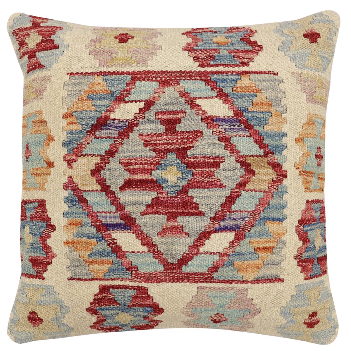 handmade Traditional Pillow Beige Red Hand-Woven SQUARE 100% WOOL  Hand woven turkish pillow  2 x 2