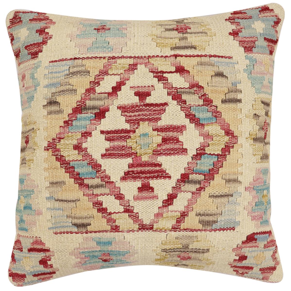 handmade Traditional Pillow Beige Red Hand-Woven SQUARE 100% WOOL Hand woven turkish pillow2' x 2'