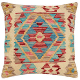 handmade Traditional Pillow Beige Red Hand-Woven SQUARE 100% WOOL  Hand woven turkish pillow  2 x 2