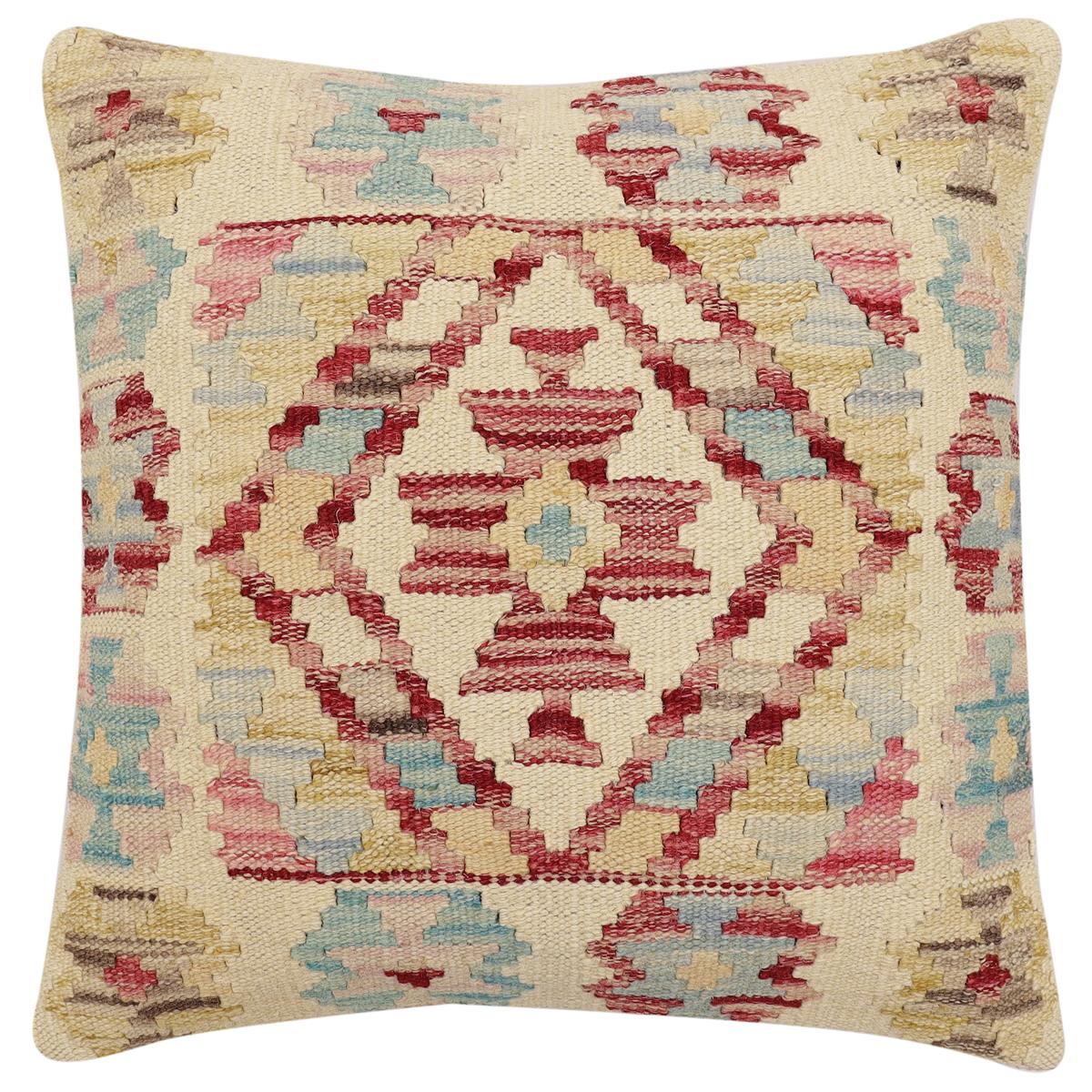 handmade Traditional Pillow Beige Red Hand-Woven SQUARE 100% WOOL Hand woven turkish pillow2' x 2'