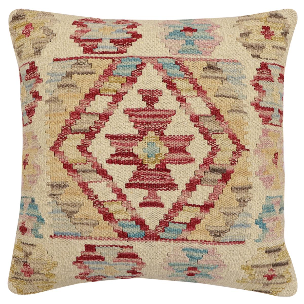 handmade Traditional Pillow Beige Red Hand-Woven SQUARE 100% WOOL Hand woven turkish pillow2' x 2'