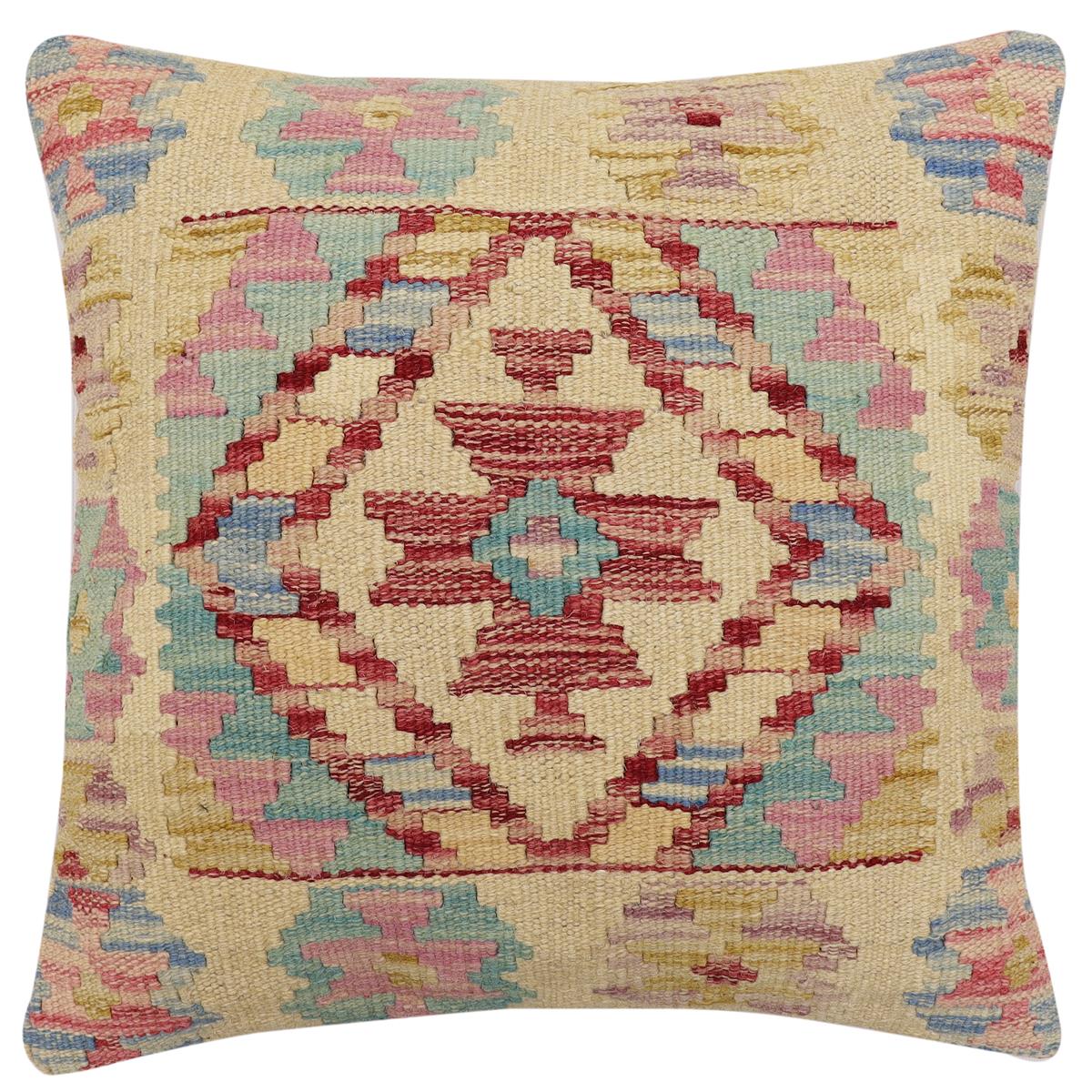 handmade Traditional Pillow Beige Red Hand-Woven SQUARE 100% WOOL Hand woven turkish pillow2' x 2'