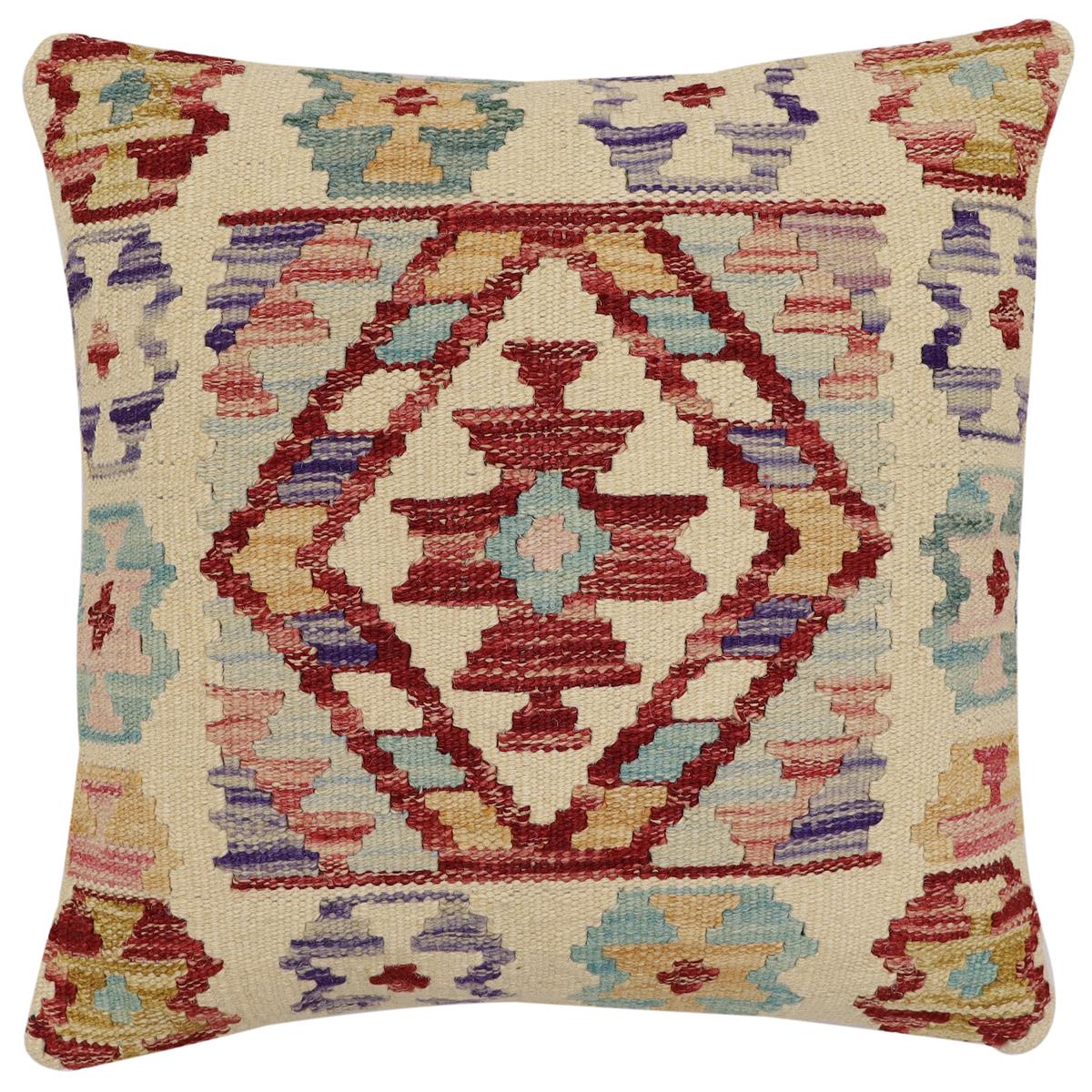 handmade Traditional Pillow Beige Red Hand-Woven SQUARE 100% WOOL  Hand woven turkish pillow  2 x 2