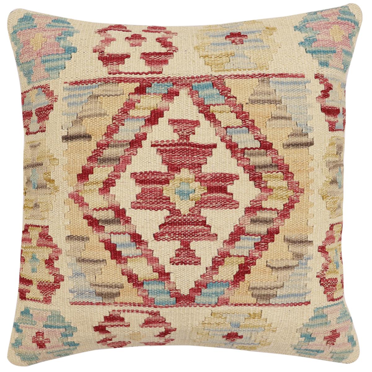 handmade Traditional Pillow Beige Red Hand-Woven SQUARE 100% WOOL Hand woven turkish pillow2' x 2'