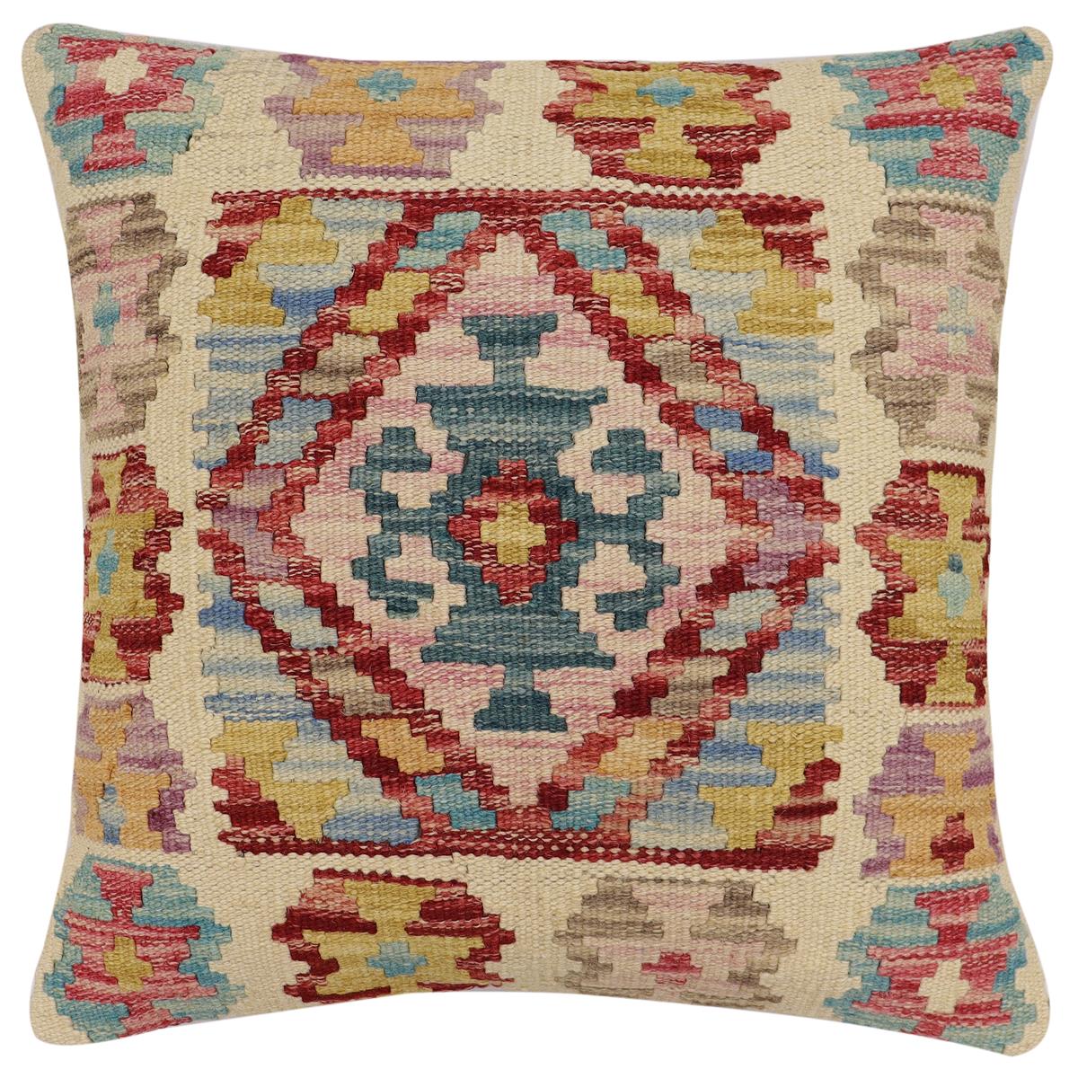 handmade Traditional Pillow Beige Red Hand-Woven SQUARE 100% WOOL Hand woven turkish pillow2' x 2'