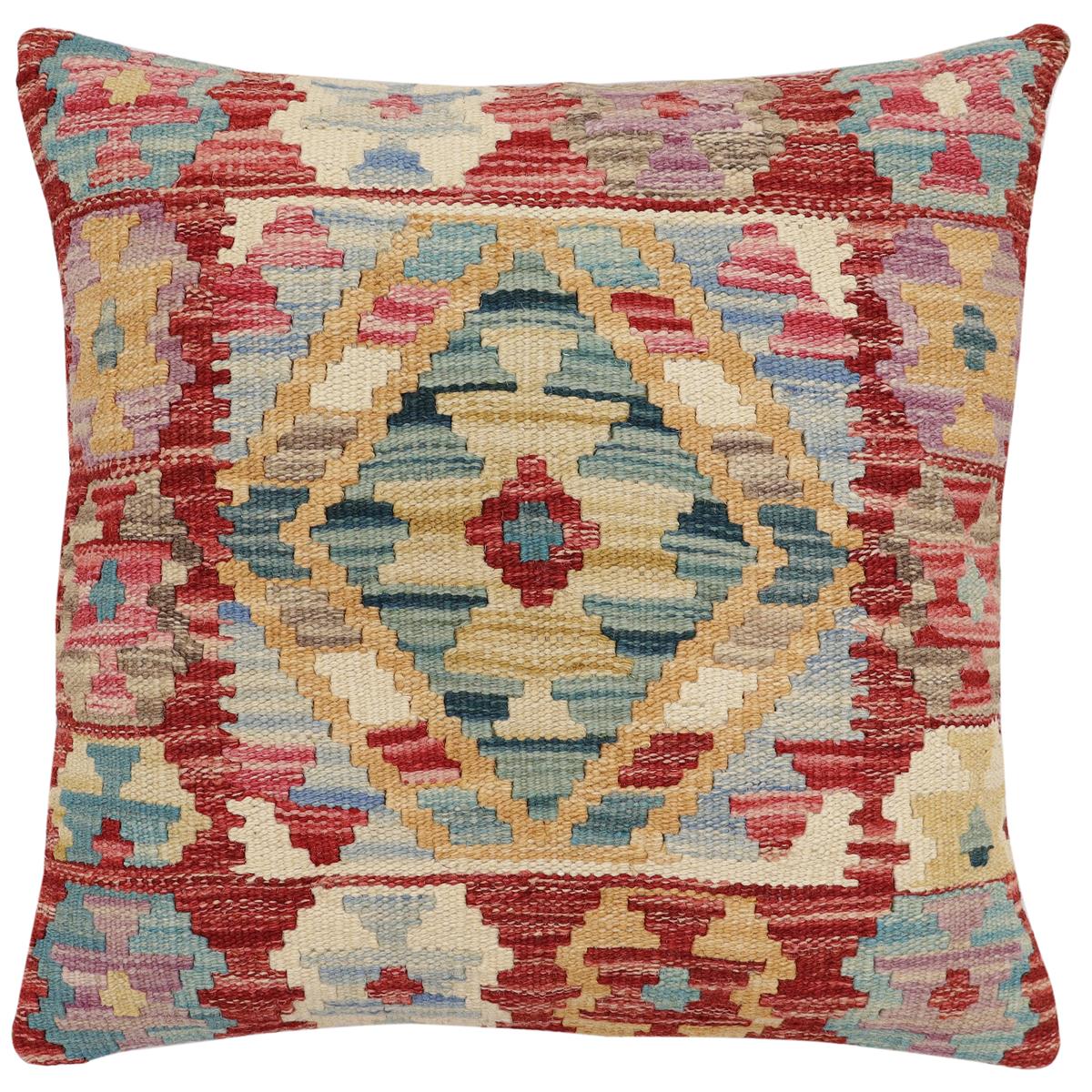 handmade Traditional Pillow Red Blue Hand-Woven SQUARE 100% WOOL Hand woven turkish pillow2' x 2'