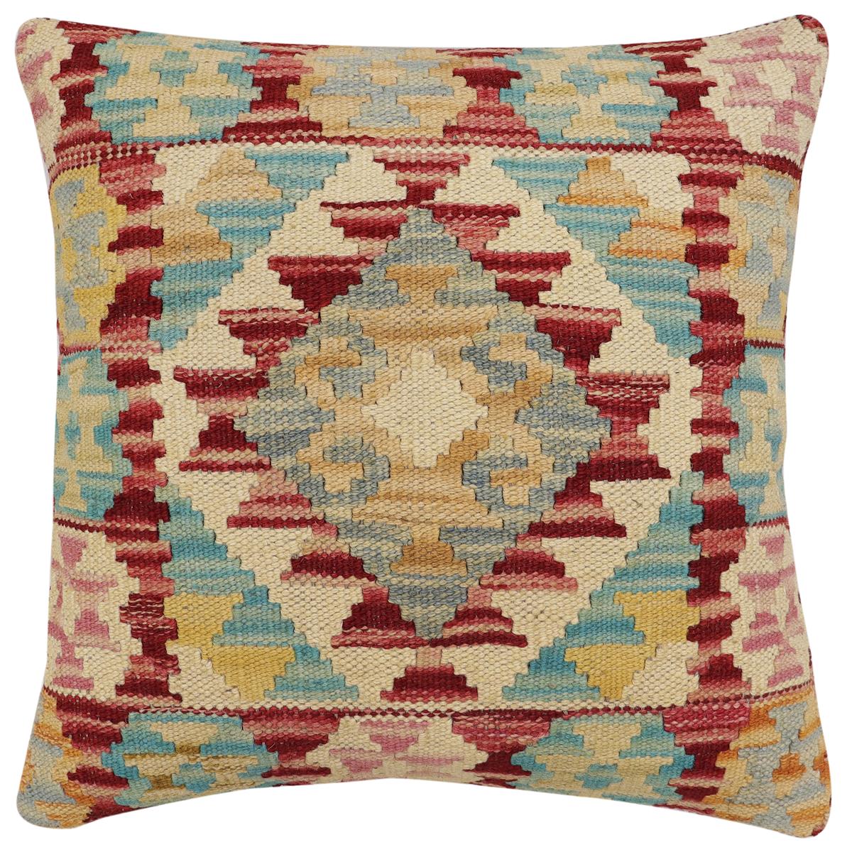 handmade Traditional Pillow Red Blue Hand-Woven SQUARE 100% WOOL Hand woven turkish pillow2' x 2'