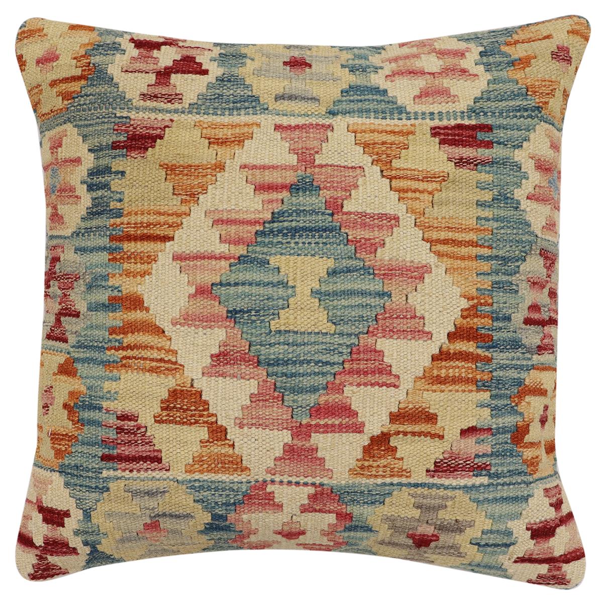 handmade Traditional Pillow Blue Rust Hand-Woven SQUARE 100% WOOL Hand woven turkish pillow2' x 2'