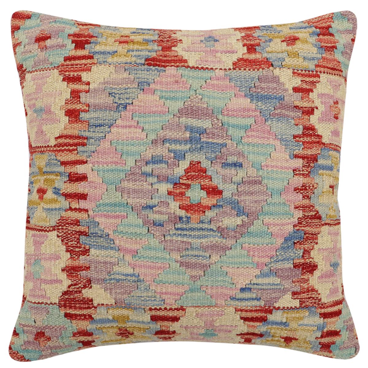 handmade Traditional Pillow Red Blue Hand-Woven SQUARE 100% WOOL  Hand woven turkish pillow  2 x 2