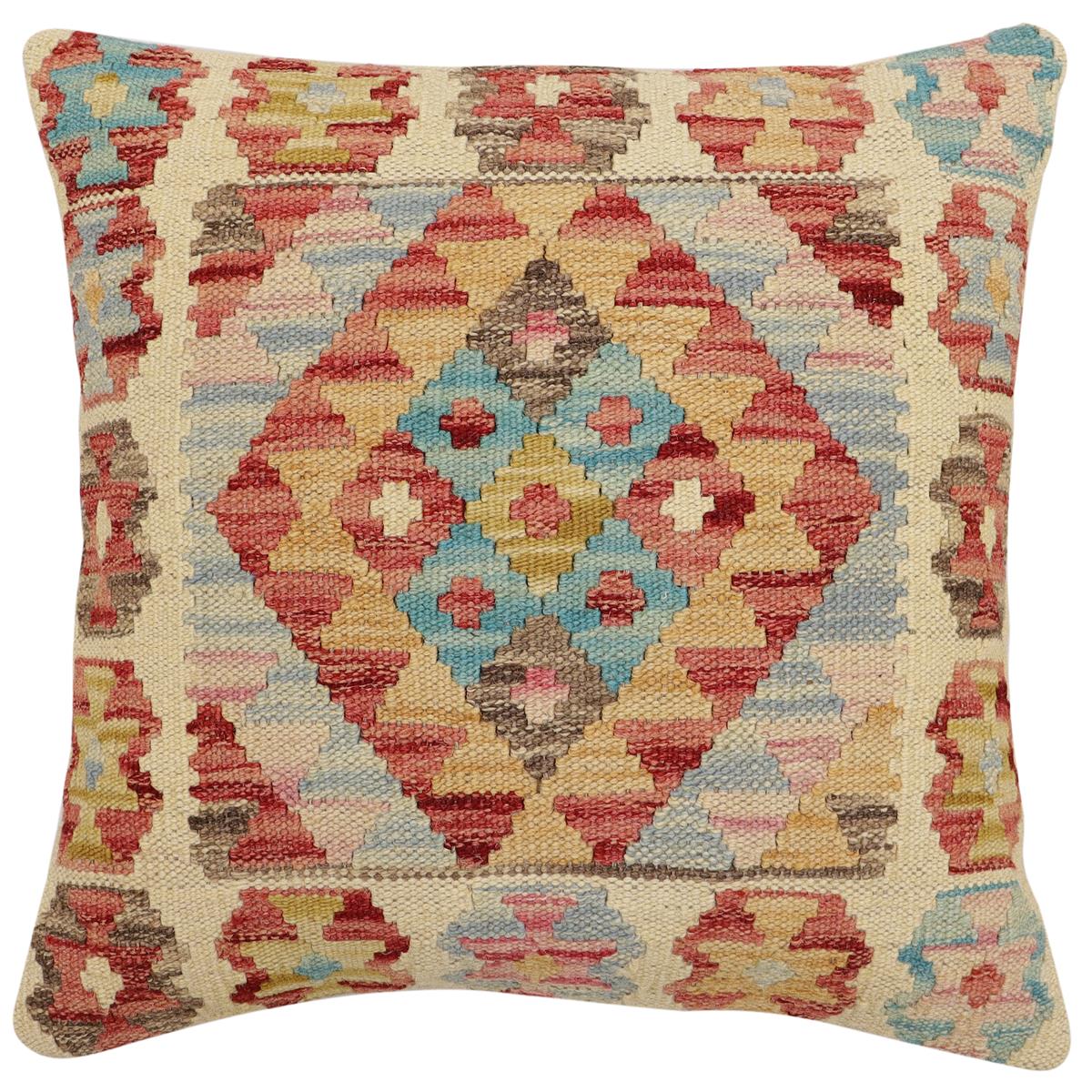 handmade Traditional Pillow Red Blue Hand-Woven SQUARE 100% WOOL Hand woven turkish pillow 2 x 2