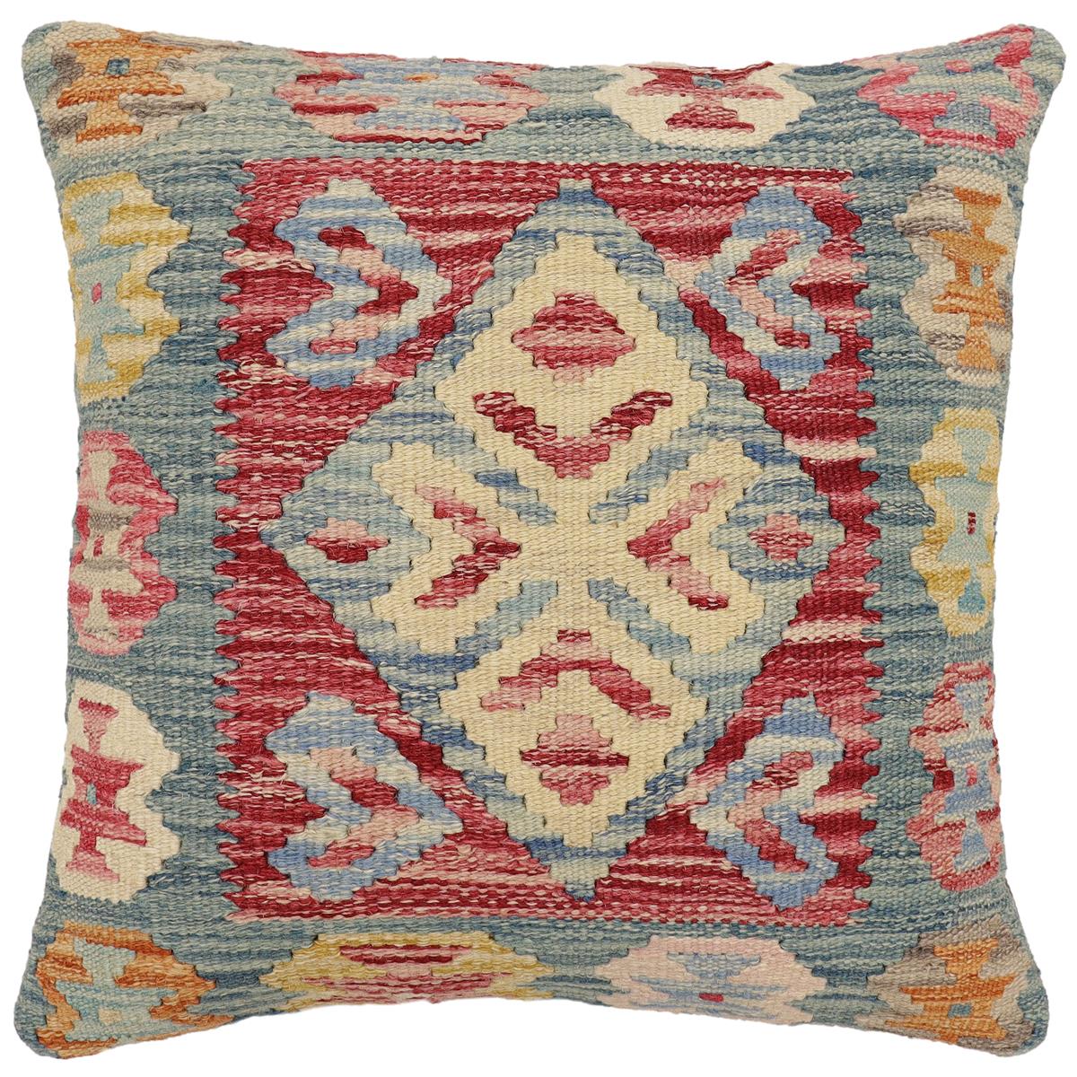 handmade Traditional Pillow Blue Red Hand-Woven SQUARE 100% WOOL Hand woven turkish pillow 2 x 2