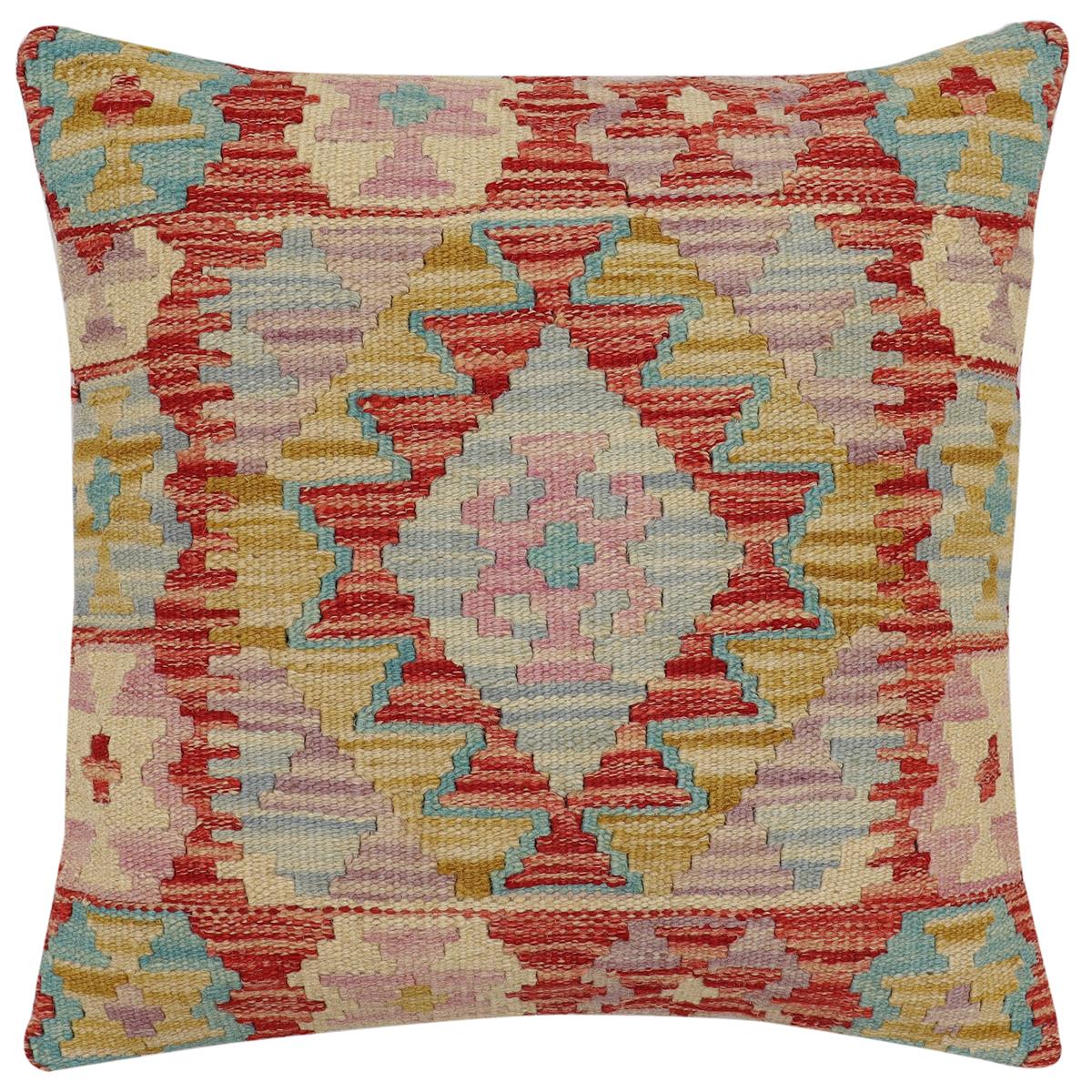handmade Traditional Pillow Red Blue Hand-Woven SQUARE 100% WOOL  Hand woven turkish pillow  2 x 2