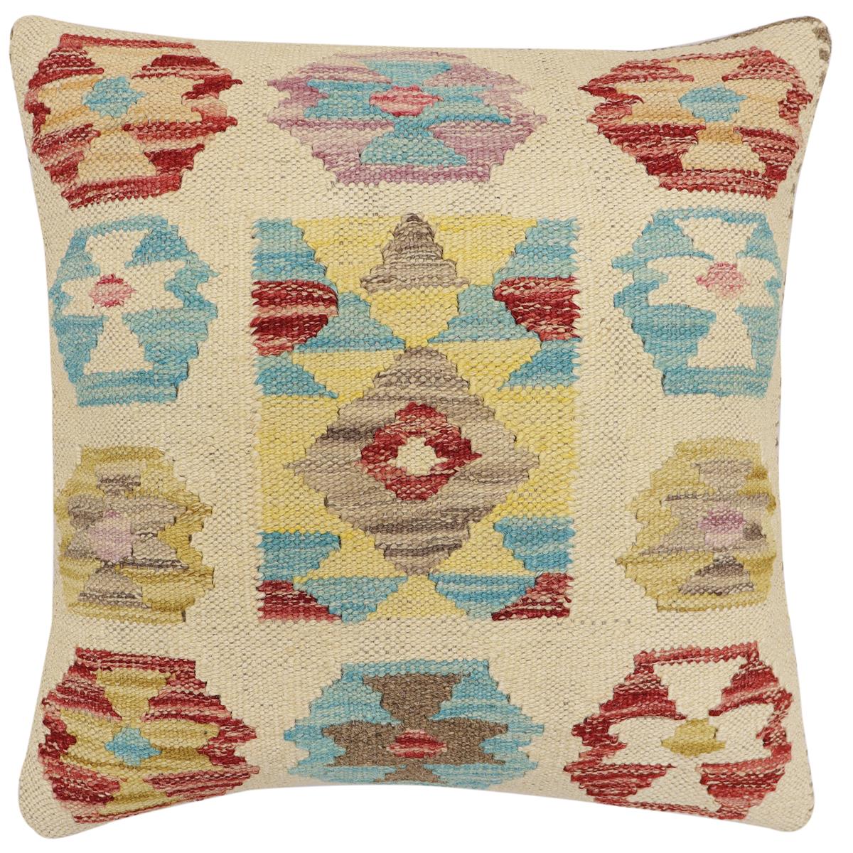 handmade Traditional Pillow Beige Red Hand-Woven SQUARE 100% WOOL  Hand woven turkish pillow  2 x 2