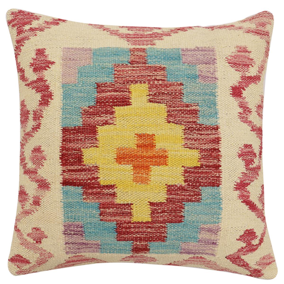 handmade Traditional Pillow Beige Red Hand-Woven SQUARE 100% WOOL Hand woven turkish pillow2' x 2'