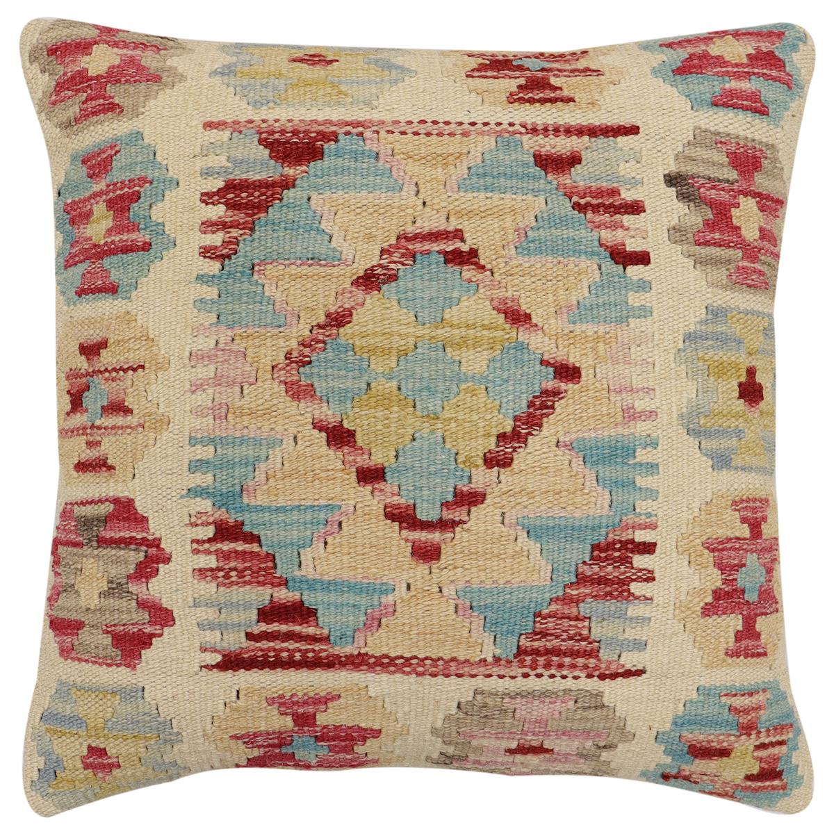 handmade Traditional Pillow Beige Red Hand-Woven SQUARE 100% WOOL  Hand woven turkish pillow  2 x 2