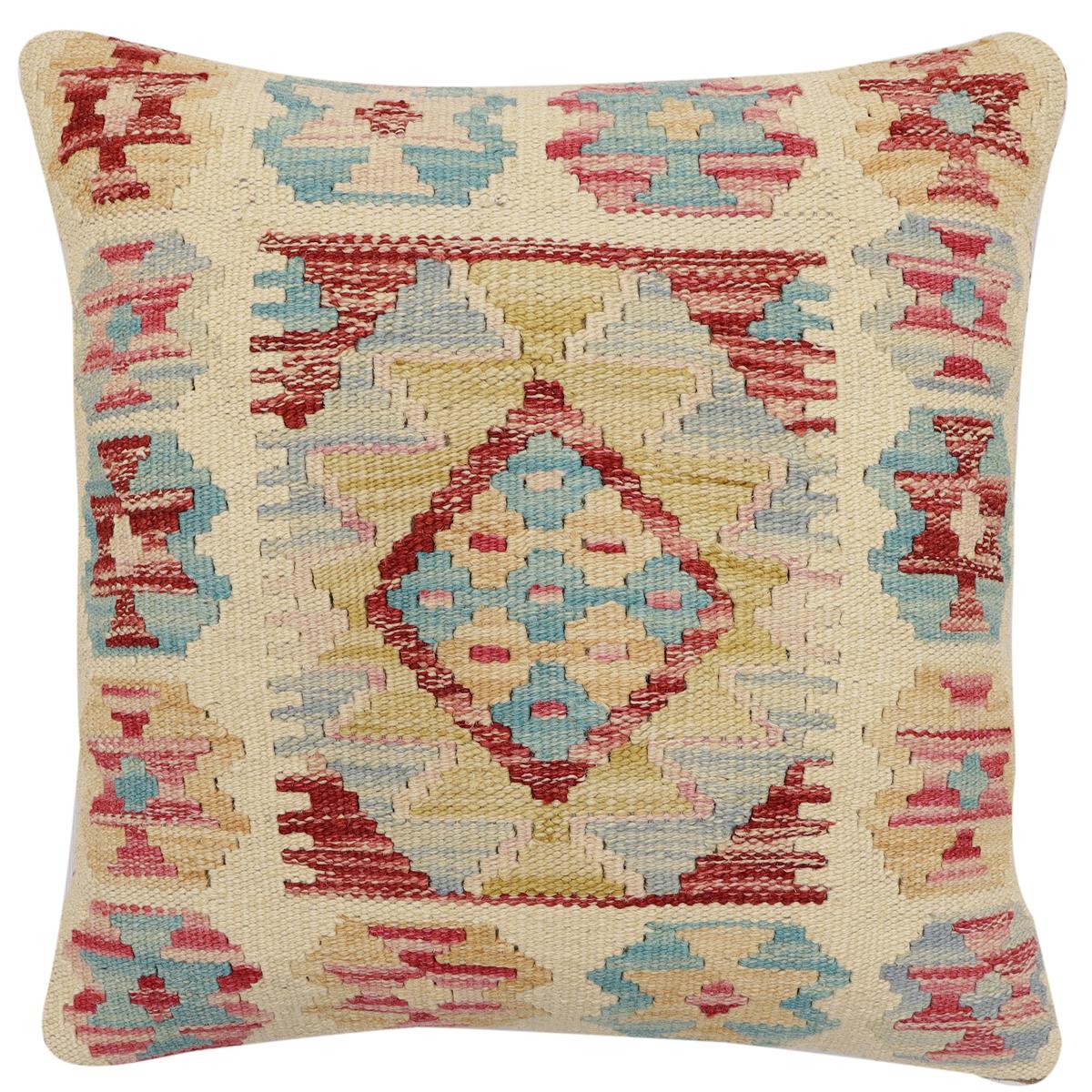 handmade Traditional Pillow Beige Red Hand-Woven SQUARE 100% WOOL Hand woven turkish pillow2' x 2'