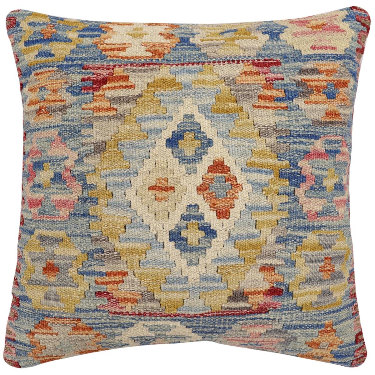 handmade Traditional Pillow Blue Rust Hand-Woven SQUARE 100% WOOL Hand woven turkish pillow2' x 2'