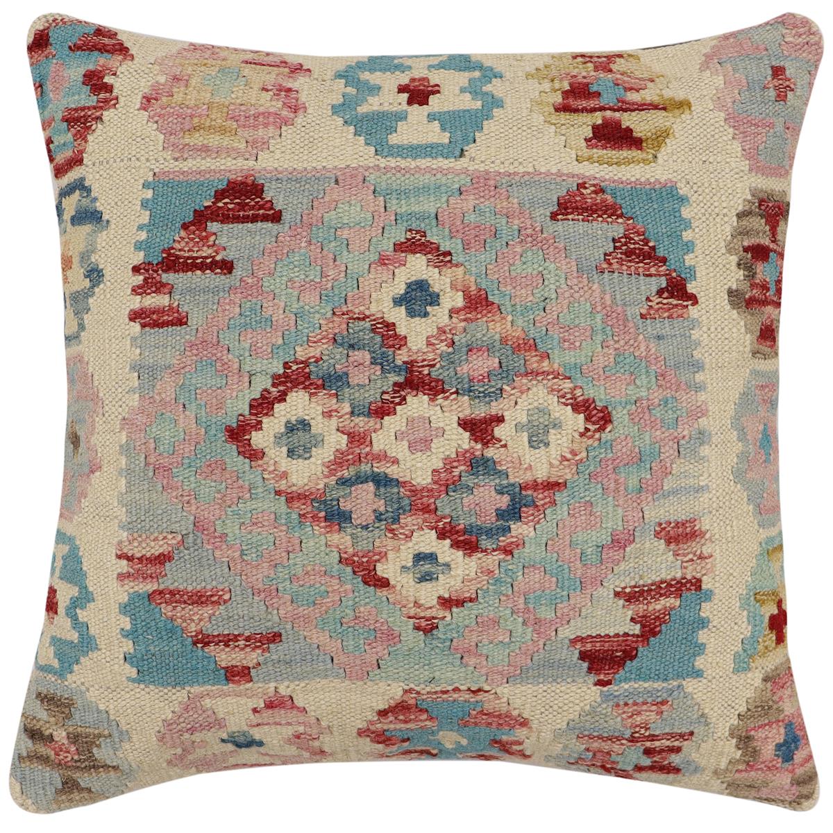handmade Traditional Pillow Blue Red Hand-Woven SQUARE 100% WOOL Hand woven turkish pillow 2 x 2