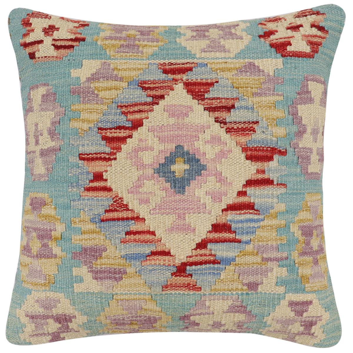 handmade Traditional Pillow Rust Blue Hand-Woven SQUARE 100% WOOL Hand woven turkish pillow2' x 2'
