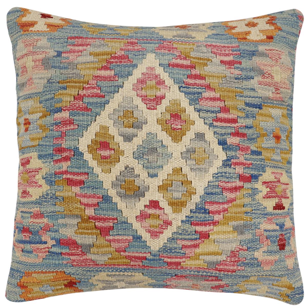 handmade Traditional Pillow Blue Beige Hand-Woven SQUARE 100% WOOL Hand woven turkish pillow2' x 2'