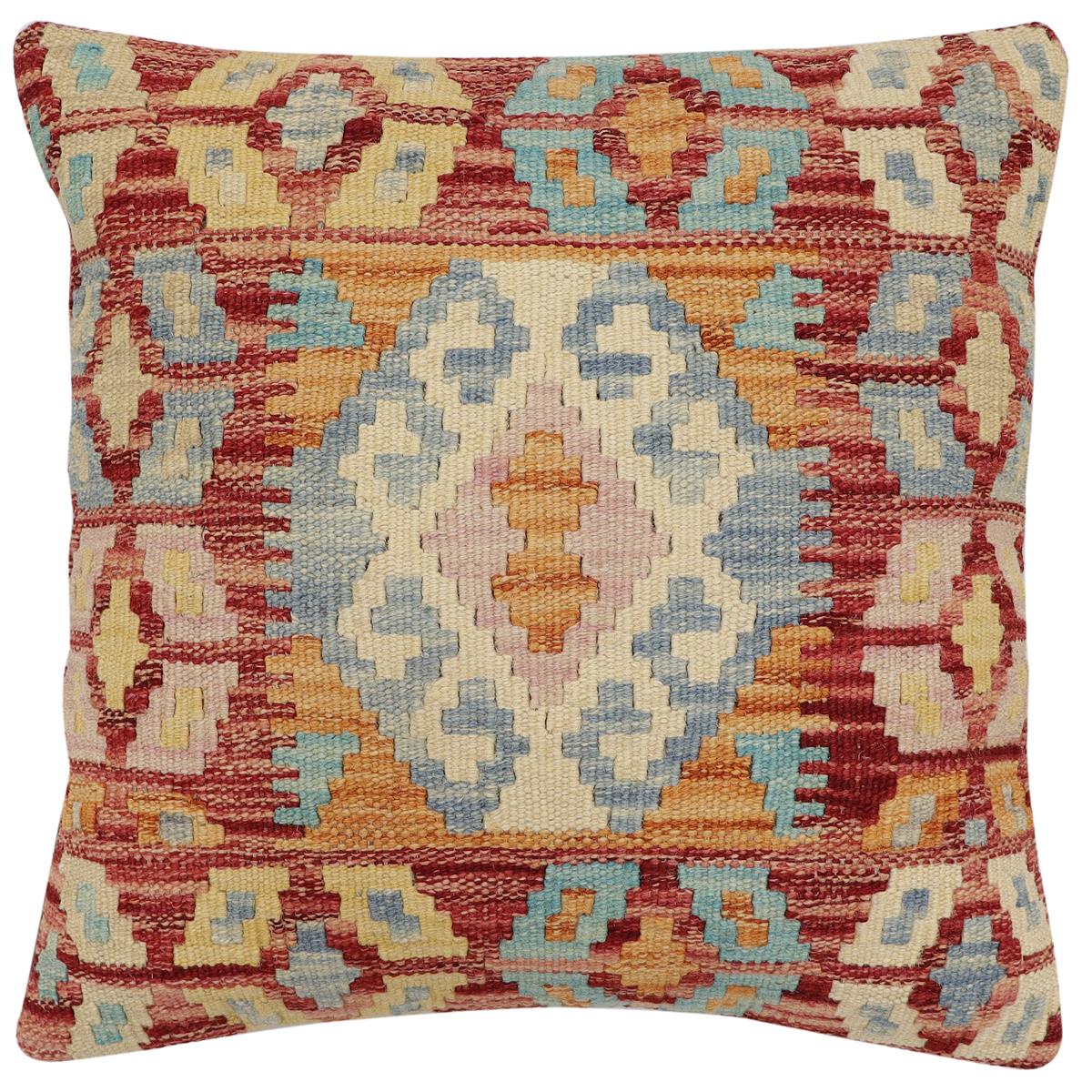 handmade Traditional Pillow Rust Blue Hand-Woven SQUARE 100% WOOL Hand woven turkish pillow2' x 2'
