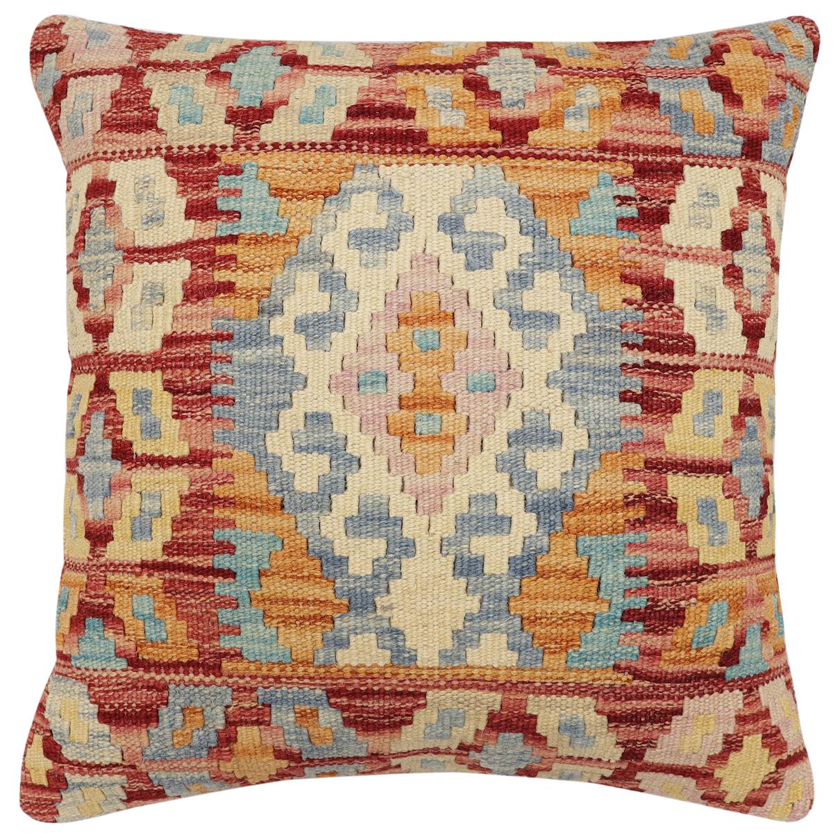 handmade Traditional Pillow Rust Blue Hand-Woven SQUARE 100% WOOL Hand woven turkish pillow2' x 2'