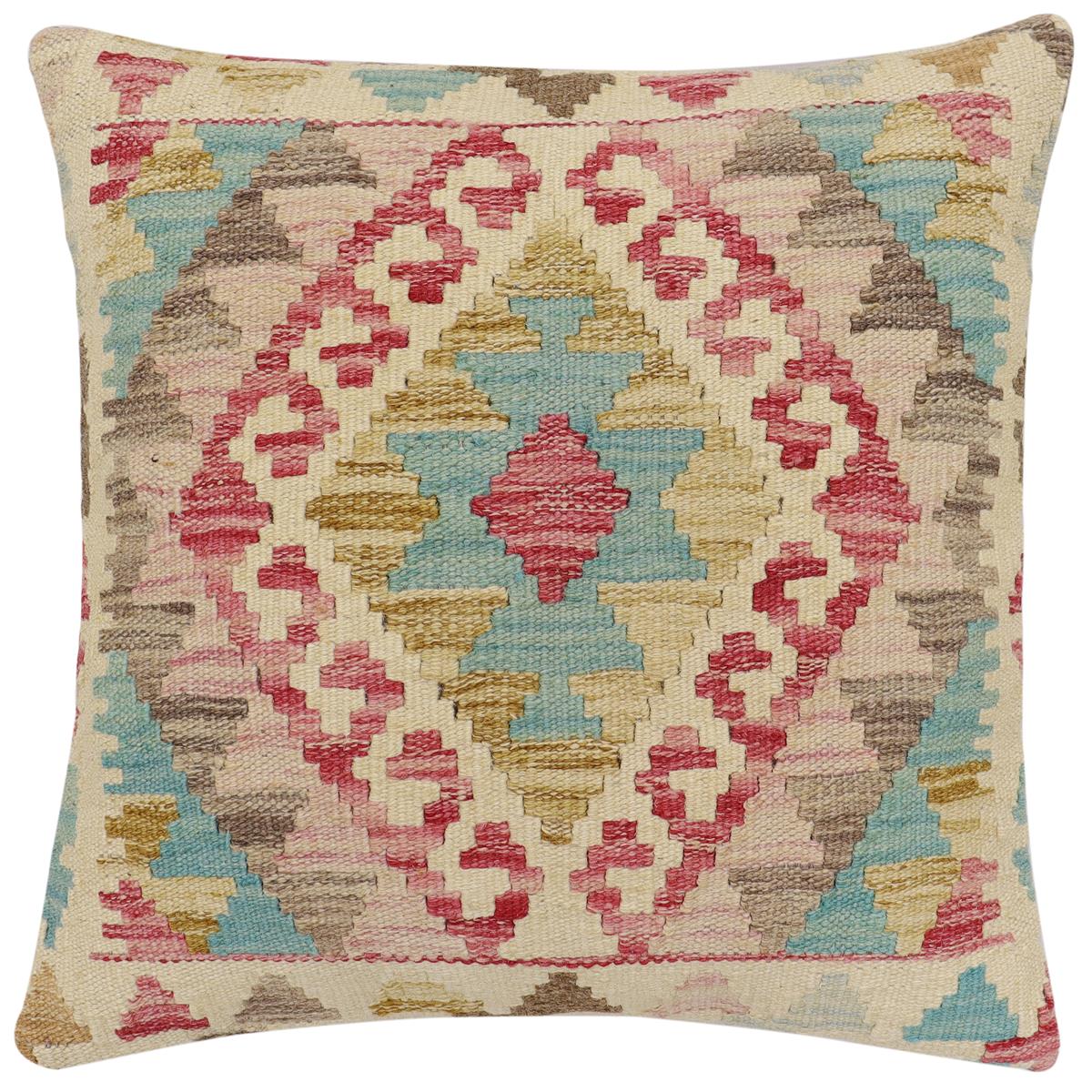 handmade Traditional Pillow Beige Blue Hand-Woven SQUARE 100% WOOL Hand woven turkish pillow2' x 2'
