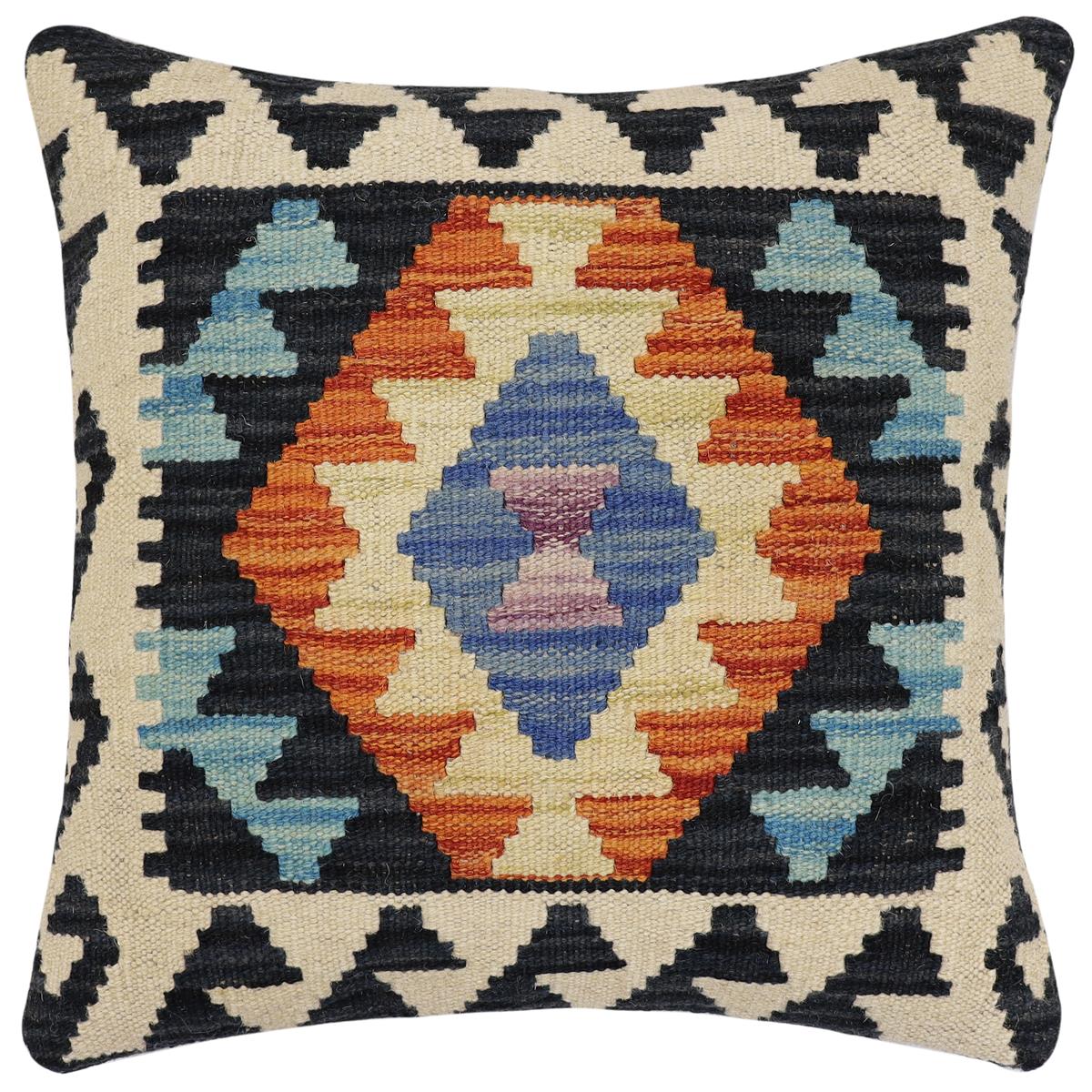 handmade Traditional Pillow Blue Rust Hand-Woven SQUARE 100% WOOL Hand woven turkish pillow2' x 2'