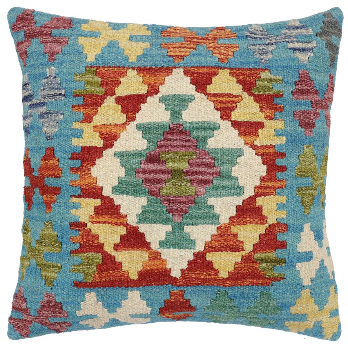 handmade Traditional Pillow Blue Rust Hand-Woven SQUARE 100% WOOL Hand woven turkish pillow2' x 2'